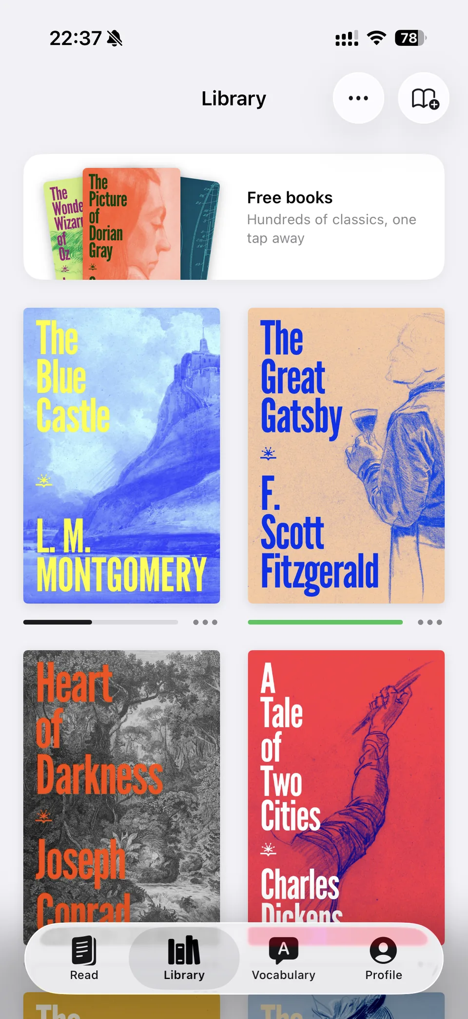 A library of books, each with its own reading progress
