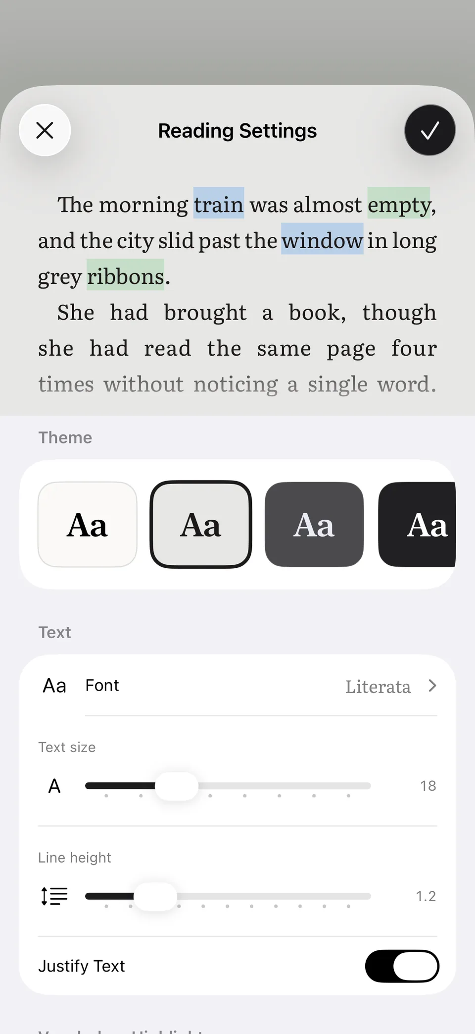 Reading settings: themes, typefaces, text size and line height